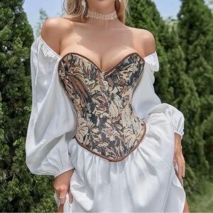 Womens Floral Denim Tapestry Overbust Corset Bustier Top Alivila.Y Fashion M
